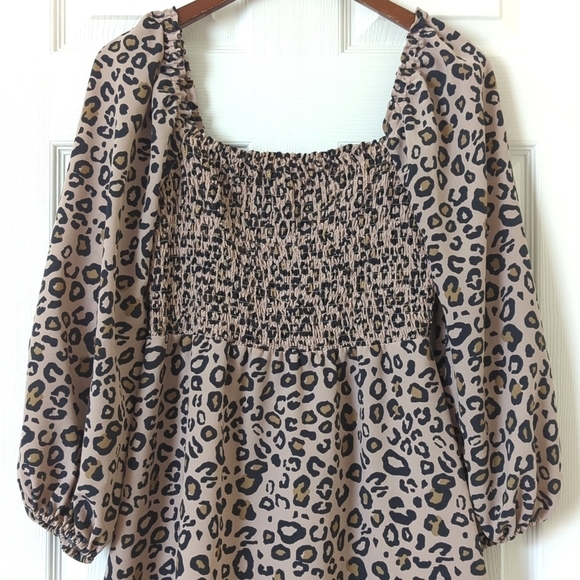 Sanctuary Leopard Print Smocked Square Neck Balloon Sleeve A-Line Mini Dress 4 - Picture 2 of 13